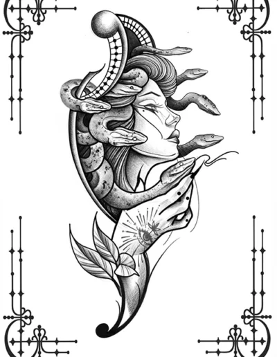 Flash tattoo de A.tramentum. Visage de femme avec serpents dans les cheveux