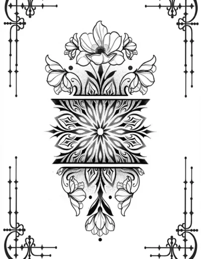 Flash tattoo de A.tramentum. Fleurs et arabesques