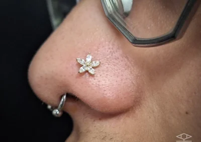 Homme avec un bijoux de piercing sur la narine et un bijou de piercing en forme de fer à cheval au niveau du septum