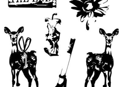 Planche de flash pour tatouage en blackwork représentant des daims, une jambe et un trognon de pomme