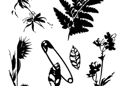 Planche de flash tattoo blackwork représentant des feuilles et une épingle à nourrice