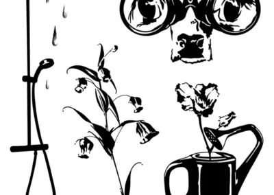Planche de flash tattoo blackwork, avec une douche, des fleur, un arrosoir et un daim avec des jumelles