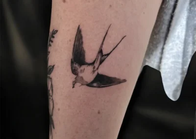 Tatouage d'une hirondelle en vol, style réaliste noir et gris, sur le bras