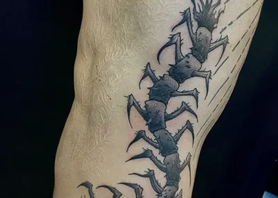 Tatouage d'un mille-pattes en noir et gris, style sombre et réaliste, s'étendant sur le côté du torse