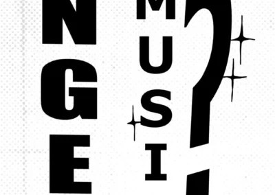 Planche de flash tattoos noirs : lettrages verticaux ANGEL et MUSIC avec un grand point d'interrogation stylisé et des étoiles