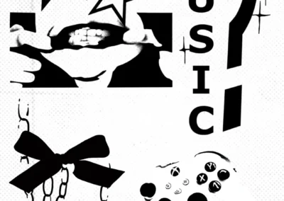 Planche de flash tattoos noir et blanc : bouche avec étoiles, mot MUSIC et point d'interrogation, nœud avec chaîne, manette de jeu