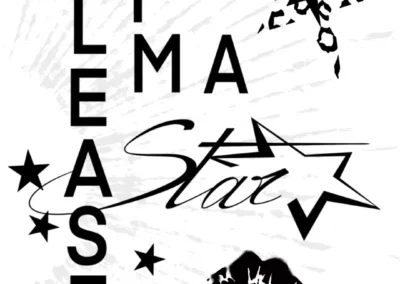 Planche de flash tattoos noirs : lettrage vertical PLEASE, texte I'M A STAR avec étoiles graphiques et motif de lèvres